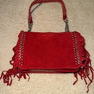Red Suede Fringe Shoulder Bag